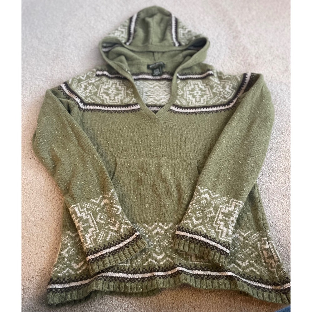 Vtg 90's Eddie Bauer Green Wool Blend Fair Isle Hooded Sweater Women Small